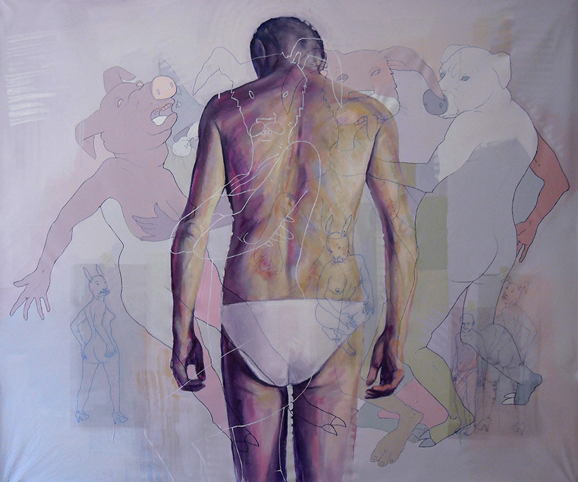 Constantin migliorini ,uomo, ,acrilico, olio su tela e pennarello su acetato, cm.125x140