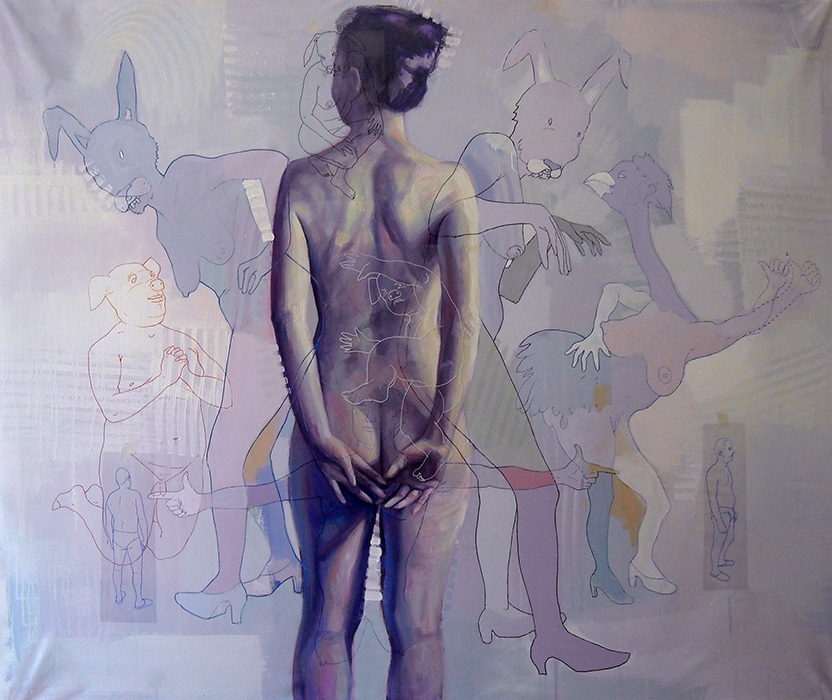 Constantin migliorini,donna,acrilico, olio su tela tela e pennarello su acetato, cm.125x140cm.